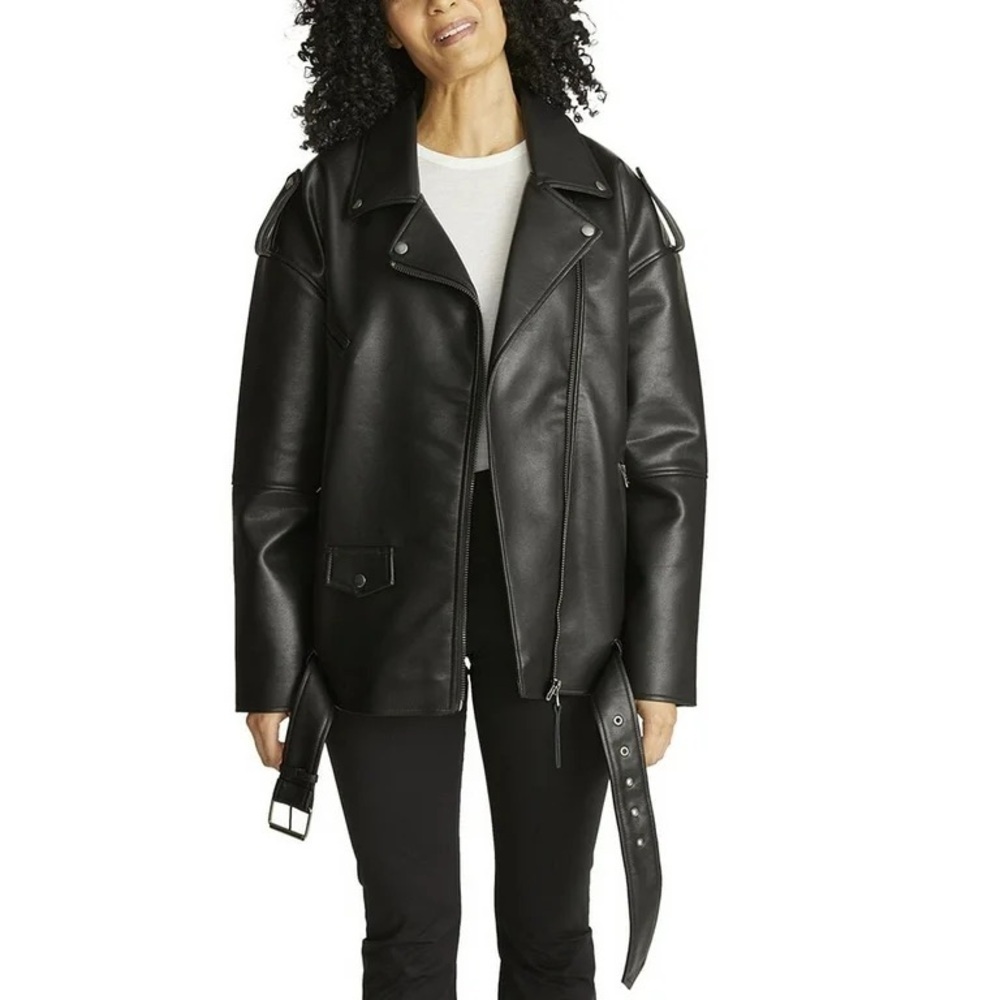New Hudson Vegan Faux Leather Moto Biker Jacket Oversized Belted Black Sz M
